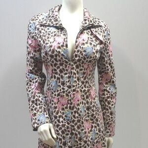 Vintage  Floral Leopard Print Cotton Coat, Knee Length Size Small